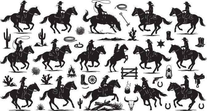 Cowboy and cowgirl silhouette set riding horses roping lasso desert icons rodeo wild western vector illustration collection