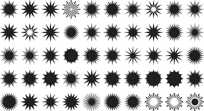 Starburst and explosion spike shape collection with retro sticker badges asymmetric sunburst flashes vector black silhouette set