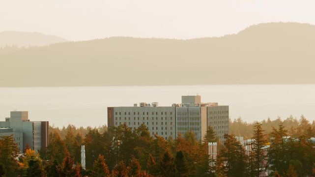 Victoria, BC, Canada &ndash; July 1, 2026: University of Victoria student residence buildings at sunrise