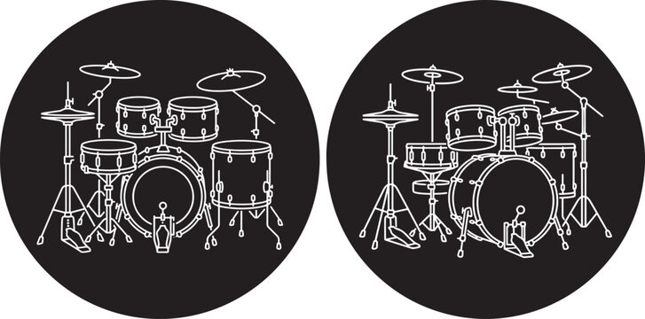 Professional drum kit musical instrument silhouette set on white background with instrument percussion performance silhouette