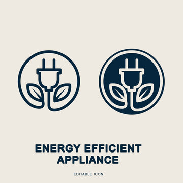 Energy Efficient Appliance Icon. Eco Friendly Green Power Plug with Leaves Vector Illustration. Renewable Energy, Sustainability, and Ecology Linear and Filled Outline Icons.