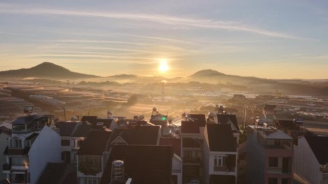 Drone perspective of agricultural greenhouse patterns in Da Lat highland