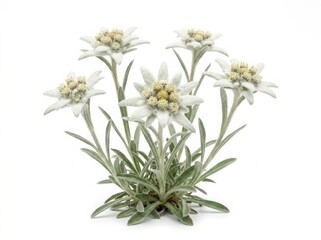 Fototapeta premium Beautiful white edelweiss mountain flower blooming with green leaves and fuzzy petals showing natural alpine plant characteristics isolated on white background