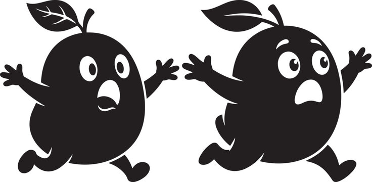 Frightened fruit characters running away silhouette vector illustration with silhouette character frightened expression isolated