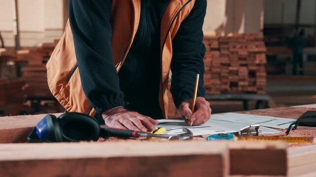 Carpentry, checklist or hands in workshop with paper, stock check or process schedule in production. Woodworking, man or artisan writing on document, timber inventory or plan in manufacturing