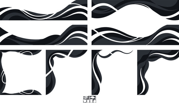 Collection of black abstract wavy headers frames and decorative corner borders isolated on white background