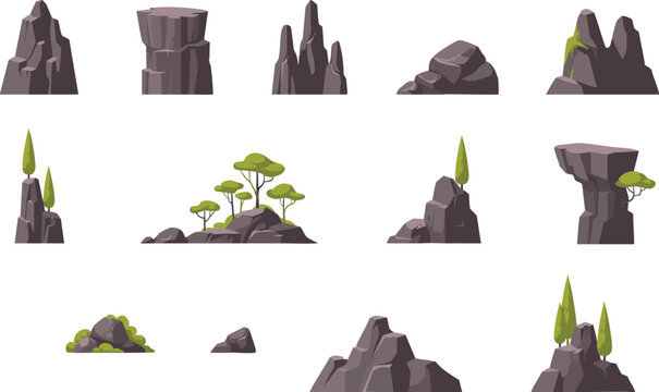 Stylized Rock Cliff and Mountain Vector Game Asset Icon Set.