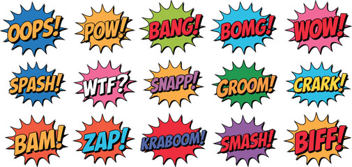 Comic book sound effects vector illustration set featuring bright speech bubbles with explosive onomatopoeia words text © Yesrath Hasan Sobuj