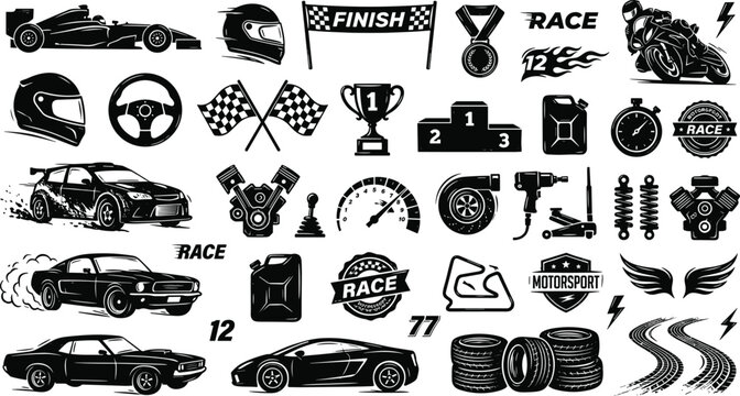Motorsport and racing silhouette icon set featuring sports cars formula one vehicle motorcycle helmets checkered flags and trophies vector graphics.