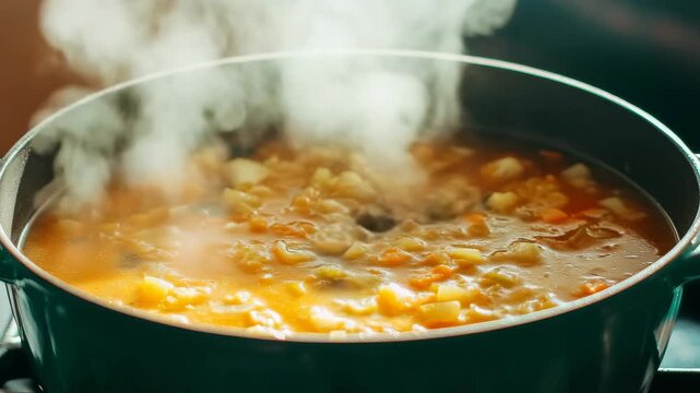 Hearty vegetable soup with steam coming off the top, being cooked on a stovetop in a pot.