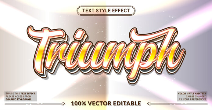 Editable Triumph text effect featuring elegant script lettering with layered dimensional styling. Perfect for victory themes, awards, branding, headlines, posters, and premium graphic designs.