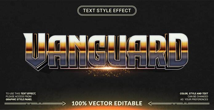 Editable Vanguard text effect featuring bold metallic lettering with layered dimensional styling. Perfect for gaming, esports, technology, branding, posters, headlines, and futuristic graphic designs.