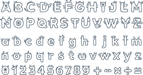 Collection of funny animal line font typography characters for kids coloring book on white background © Afroja