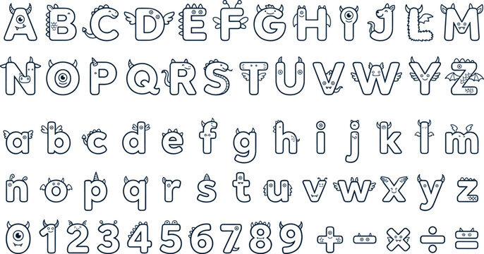 Collection of funny animal line font typography characters for kids coloring book on white background