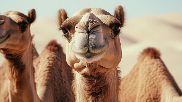 A group of camels standing together in a sandy desert environment with clear skies.