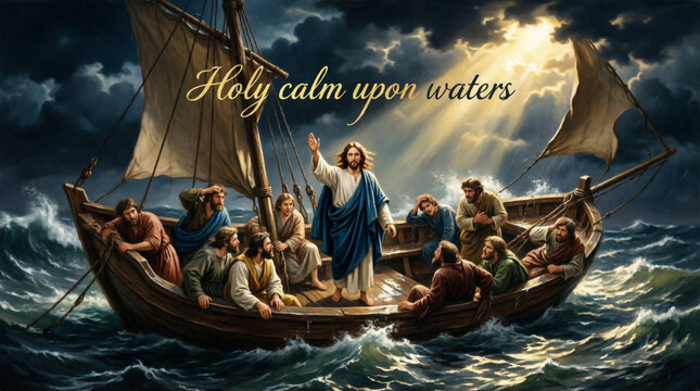 Jesus stands fearlessly and calms the raging sea storm, bringing divine peace and lasting hope.