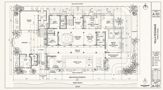 Villa oceanus architectural floor plan and site layout
