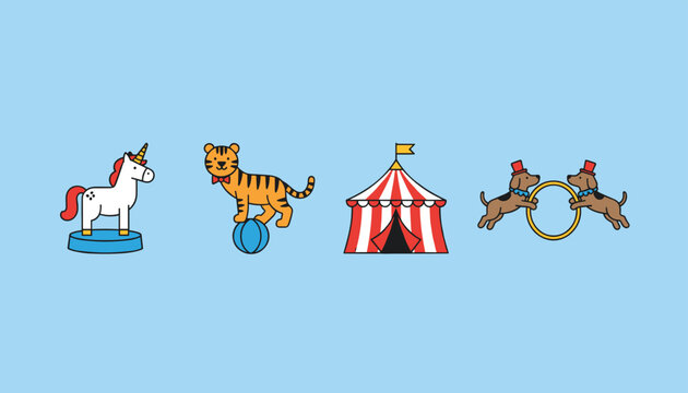 Four distinct carnival elements including a unicorn, tiger on a ball, circus tent, and performing dogs in a row on a light blue background.