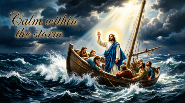 Jesus stands fearlessly and calms the raging sea storm, bringing divine peace and lasting hope.
