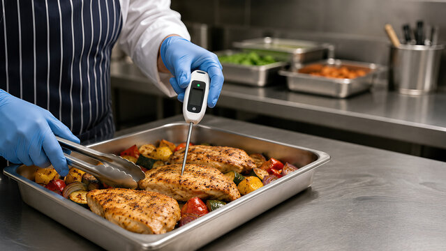 Contr&ocirc;le de temp&eacute;rature sur poulet r&ocirc;ti en cuisine professionnelle