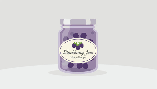 Jar of homemade blackberry jam with a classic label sitting on a plain surface representing a rustic and natural food product.