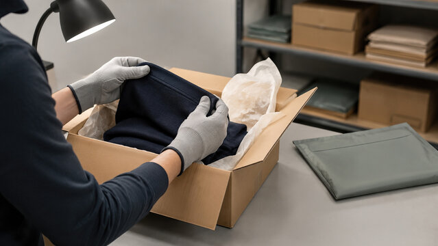 Pr&eacute;paration de colis avec textile pli&eacute; et emballage soign&eacute;