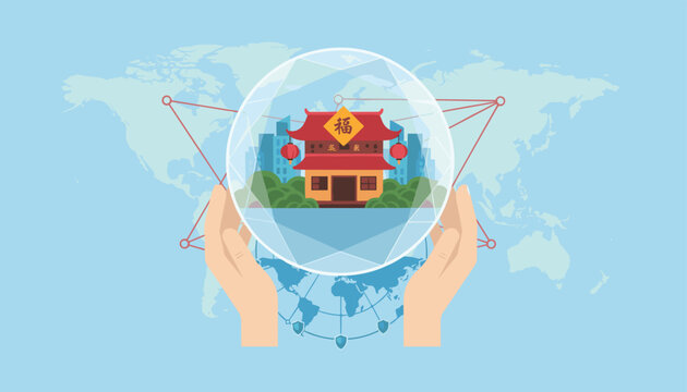Two hands holding a glass sphere containing a traditional red oriental pavilion building, signifying global culture protection and connection.