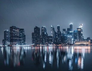 Obraz premium A nighttime cityscape with skyscrapers reflected in water (4)