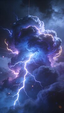 Powerful lightning bolt striking through dark thunder clouds during a dramatic night storm