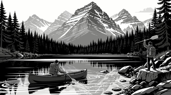 Pixel Art Canoeists Paddle on Lake Below Snowy Mountains