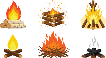 Different Campfire Structures and Bonfire Types Vector Icon Set with Log Cabin, Tipi, and Cross Ditch Methods for Outdoor Adventure Camping Graphic Designs © MstAkhlima