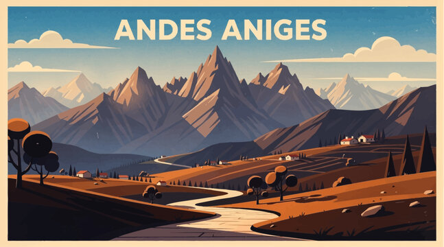 Andes Mountains Landscape Illustration, River Valley, Rural Village, Scenic View