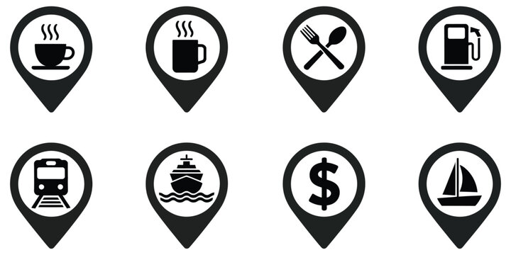 Location pin icons, vector illustration featuring cafe, transport, fuel, food, money, and travel symbols in flat monochrome style for map navigation, app interface, and digital design.