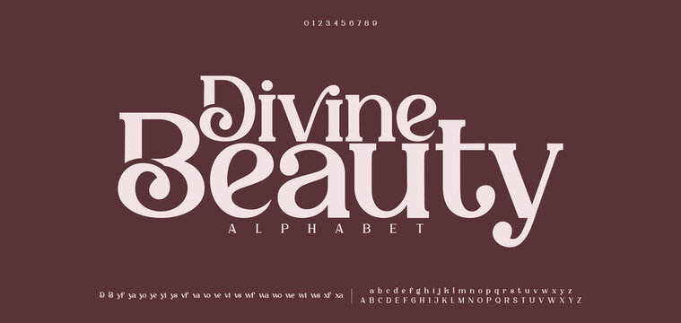 Luxury wedding alphabet letters font with tails. Typography elegant classic serif fonts and number decorative vintage retro concept for logo branding.