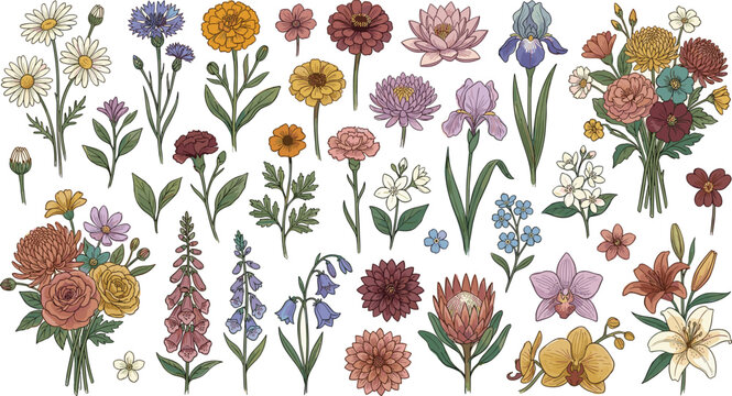 Botanical collection featuring hand drawn garden flowers daisy iris lily orchid bouquets and colorful wild floral vector design elements.