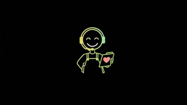 Smiling customer service representative wearing a headset holds a digital clipboard featuring a heart icon in this motion animation video