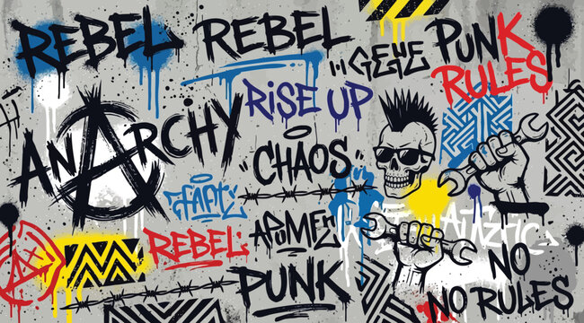 Punk graffiti wall background with anarchy symbol, skull, and rebel slogans