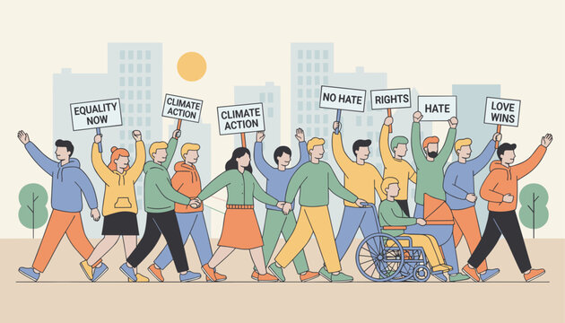 Group of diverse people marching in a protest carrying signs with social and environmental slogans like climate action and equality now.