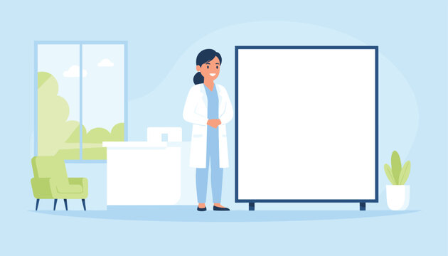 Professional doctor standing in a medical office next to a large empty whiteboard for information or medical announcements or clinic.