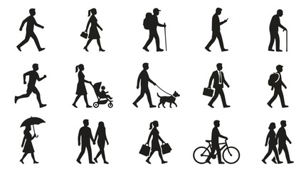Fototapeta premium Walking people silhouettes set, 15 black human figures in motion, diverse pedestrians and urban commuters vector collection isolated PNG with Transparent Background