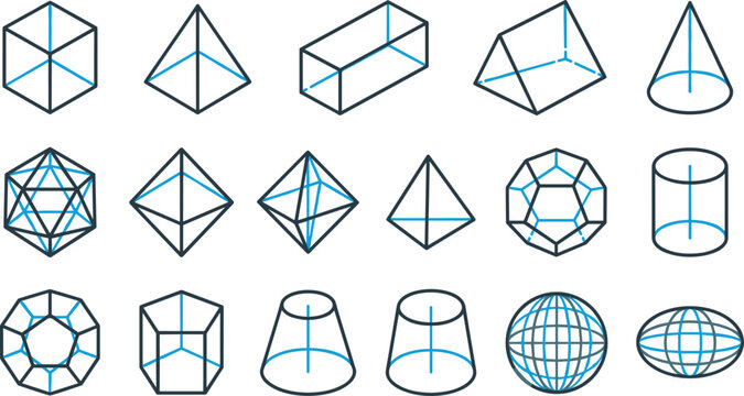 Collection of minimal linear geometry prism cylinder sphere and pyramid isometric perspective icons isolated on white