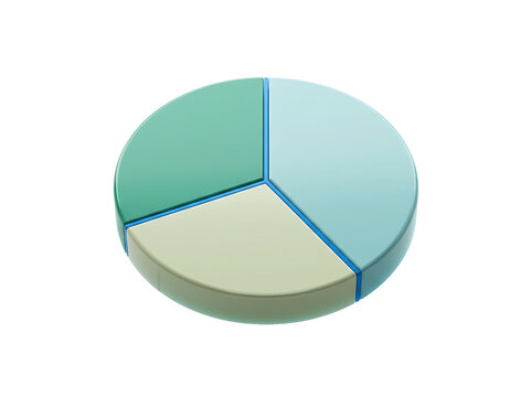 A 3D pie chart divided into three sections with different shades of green and blue lines isolated on transparent background