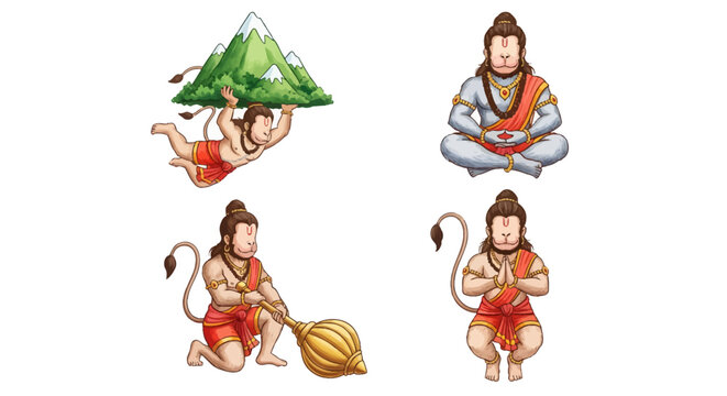 Cartoon hanuman deity set in flying meditating and praying poses
