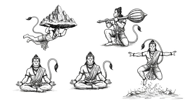 Hindu deity hanuman character set in traditional sketch style