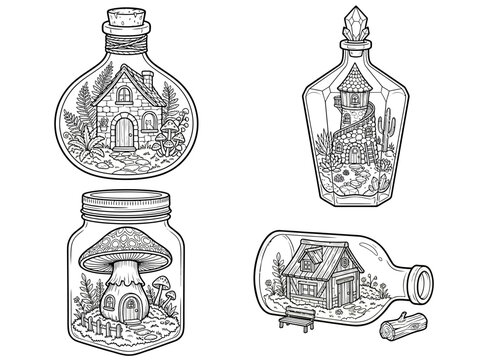 Fantasy miniature houses inside glass bottles collection featuring magical tiny cottages and mushrooms for coloring books