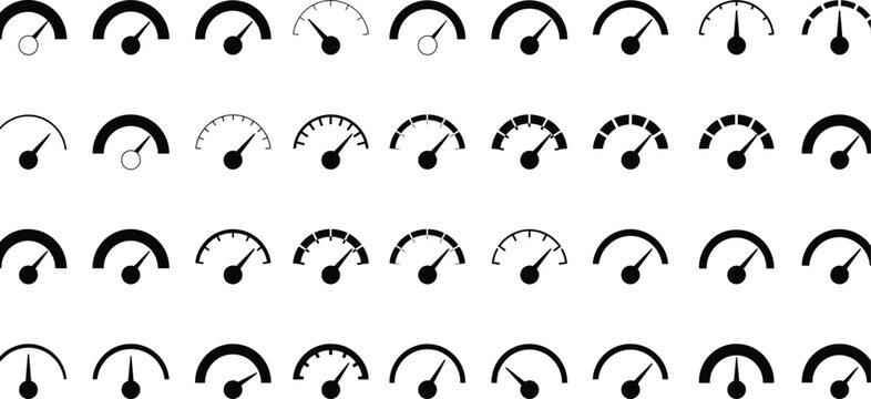 Speedometer and gauge line icons mega set featuring variable scale and pointer dial indicators isolated on white background