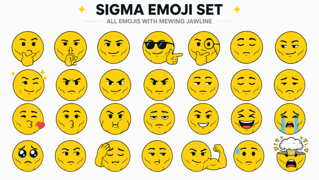 Chiseled Mewing Jawline Sigma Male Emoji Set Funny Internet Meme Emoticons Vector