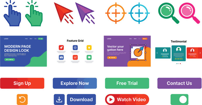 Web UI UX vector component kit with flat landing page layout sections navigation cursors call to action buttons and interface elements