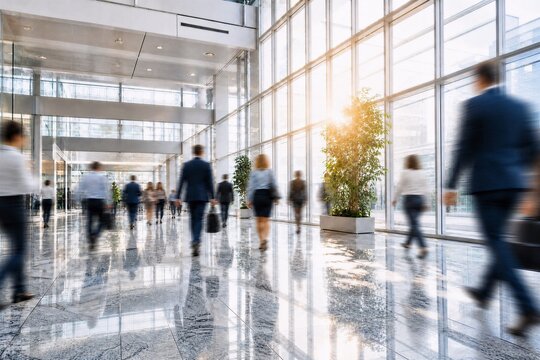Blurred business professionals walking through a modern corporate office lobby