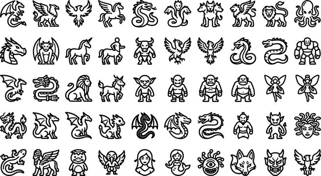 Mythical creatures and fantasy monsters linear icon set featuring dragons griffins unicorns gaming beasts and folklore legend vector elements